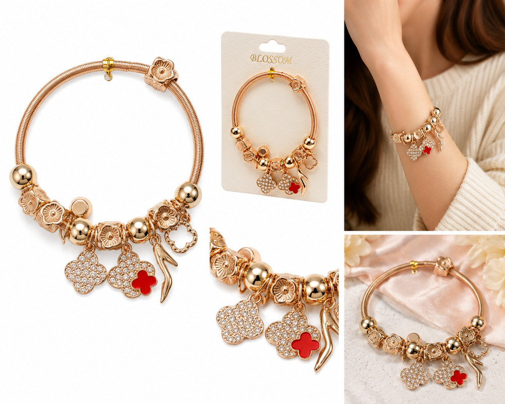 BLOSSOM Rose Gold Charm Bracelet with Floral & Rhinestone Charms